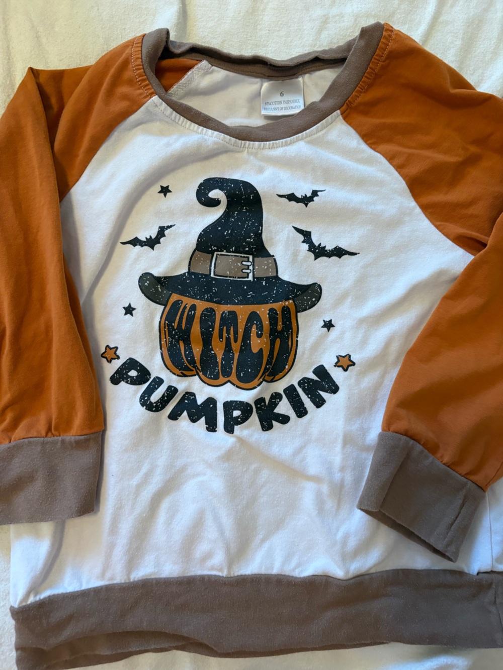 Kids Pumpkin Witch Graphic Raglan Shirt - Orange & White